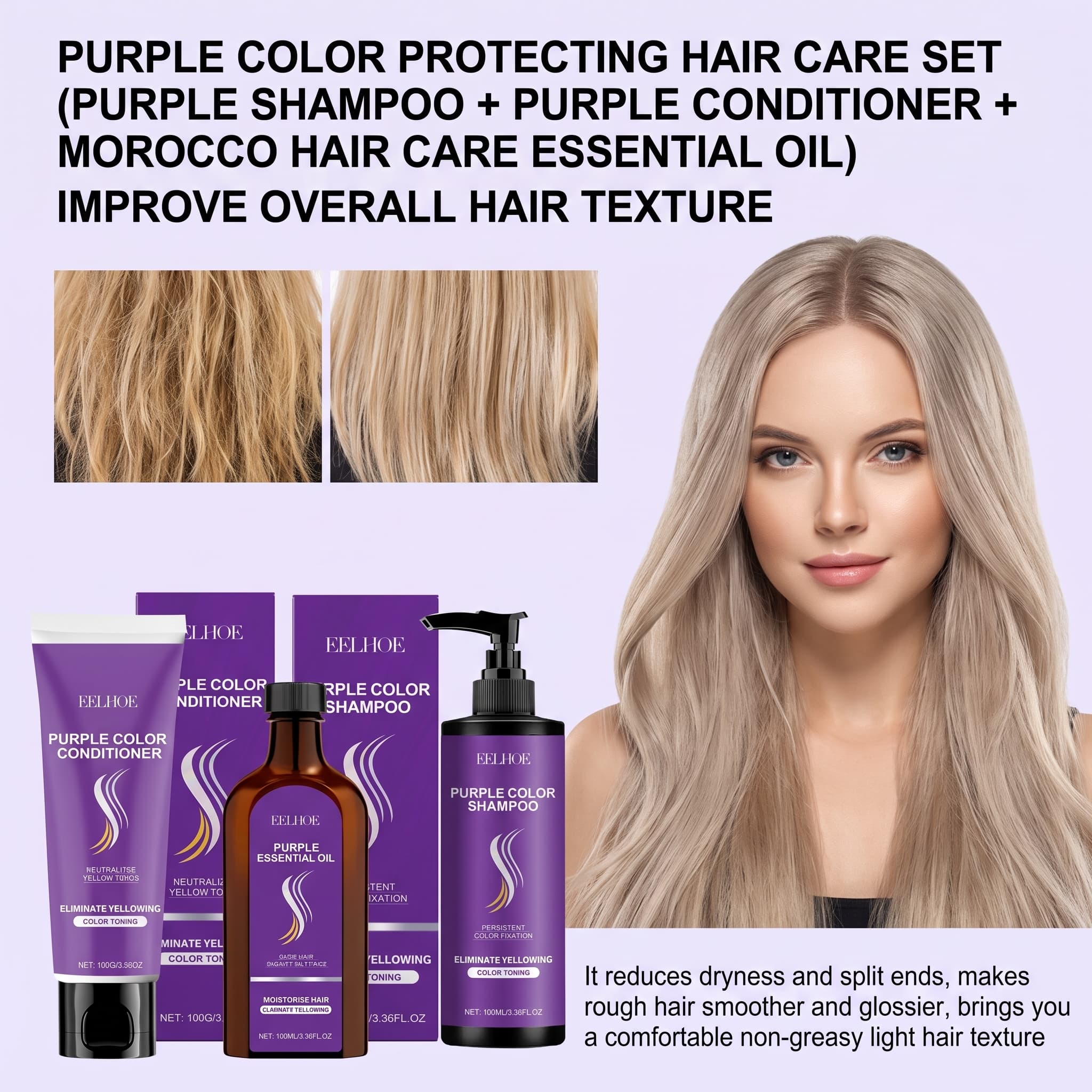 Hair Care Set - Ensemble shampoing violet avec après-shampoing, huile